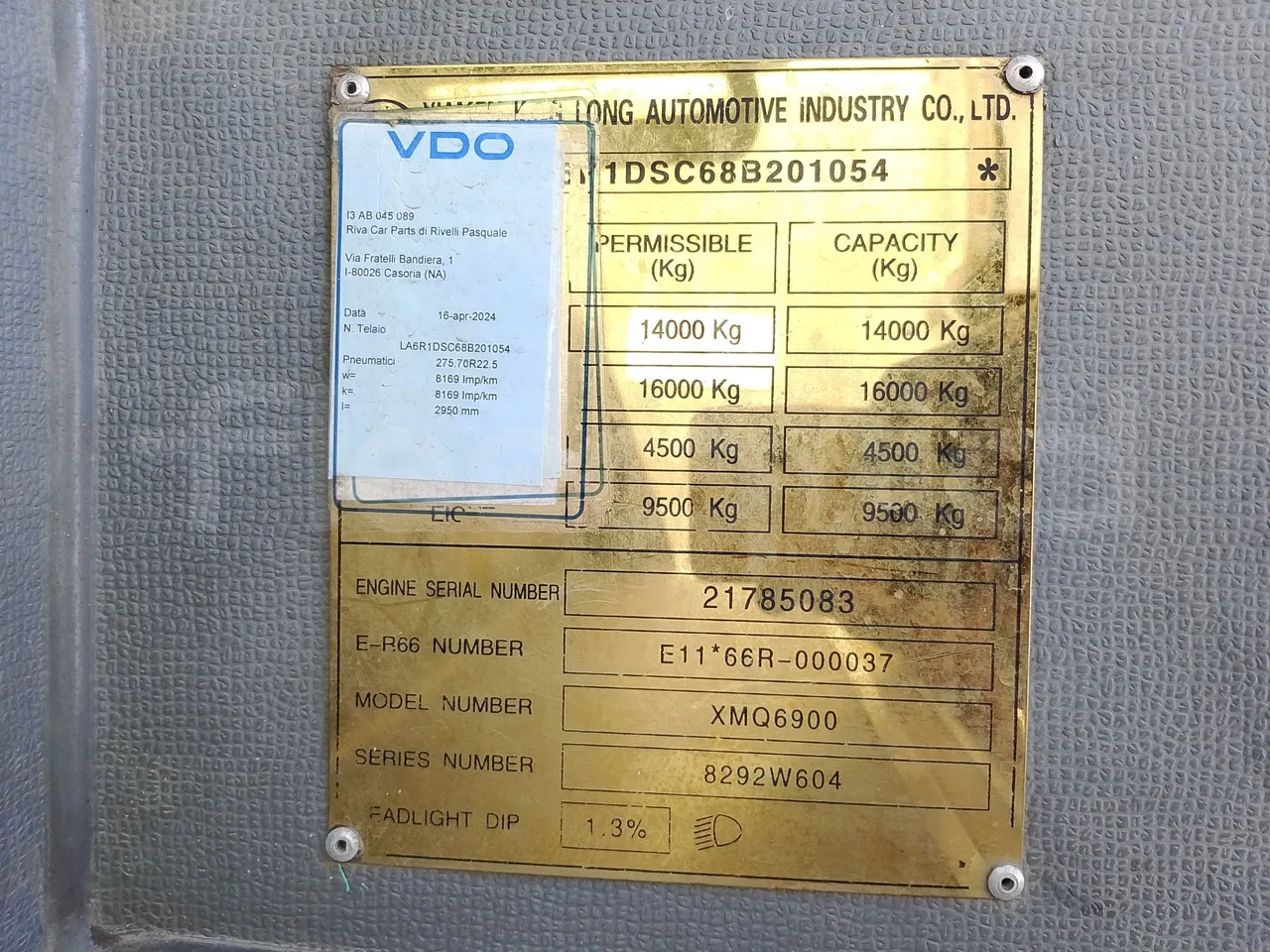 King Long XMQ6900 XIAMEN-EUR4-160Kw-8,995m - vehicle plate photo
