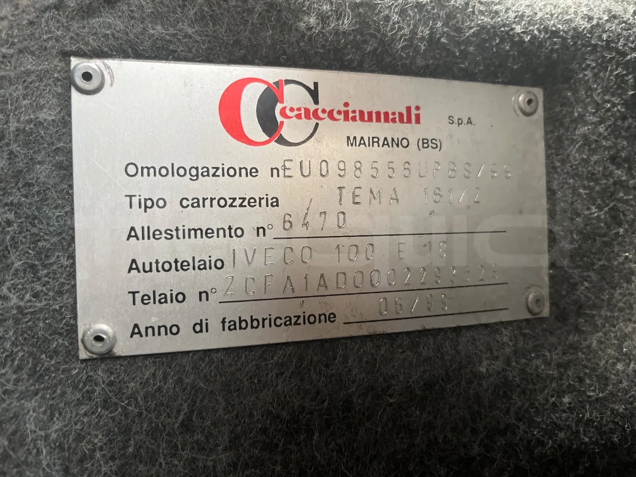 Iveco Cacciamali Tema161-2/ Euro 2 - 130 Kw - 9,195 Mt - chassis VIN photo (mandatory for bus to scrap)