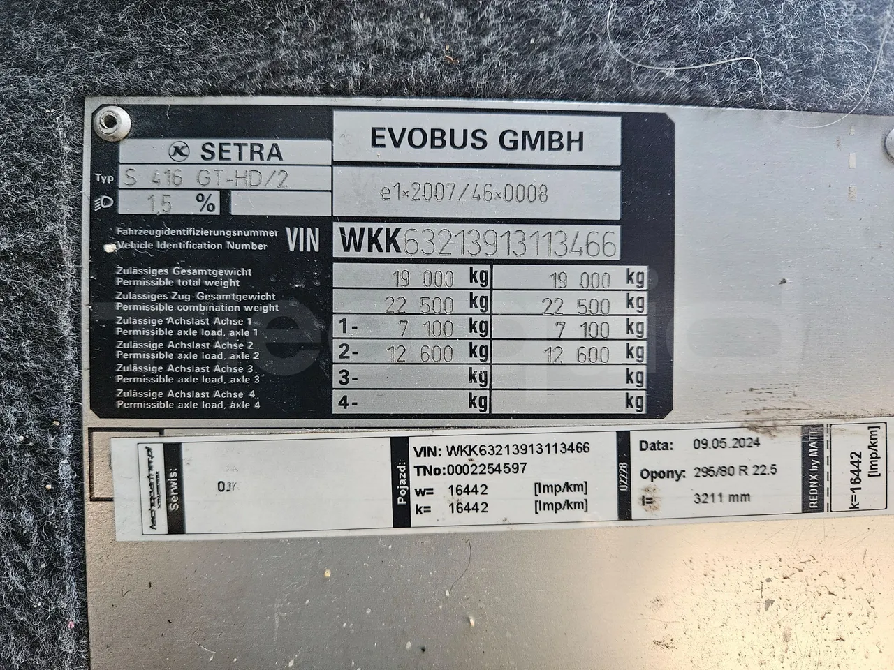 Setra S416 GT-HD/2 - EUR5 - 315kW - 13.020m - vehicle plate photo