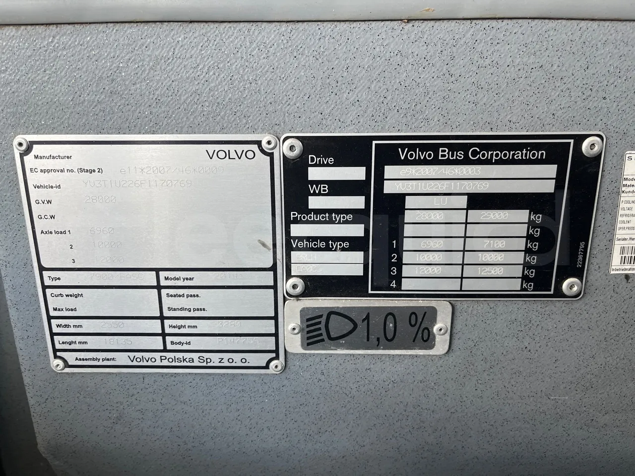 Volvo G891H L291LH24J8100 / Euro 6 - 177 Kw - 18.750 Mt - vehicle plate photo