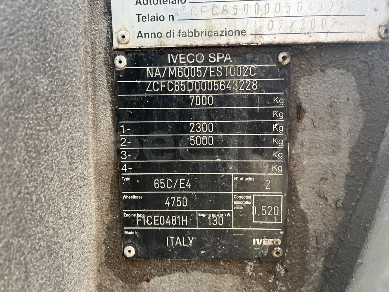 Iveco Cacciamali 65CF4 - Euro 4 - 130 kW - 8.560 mt - chassis VIN photo