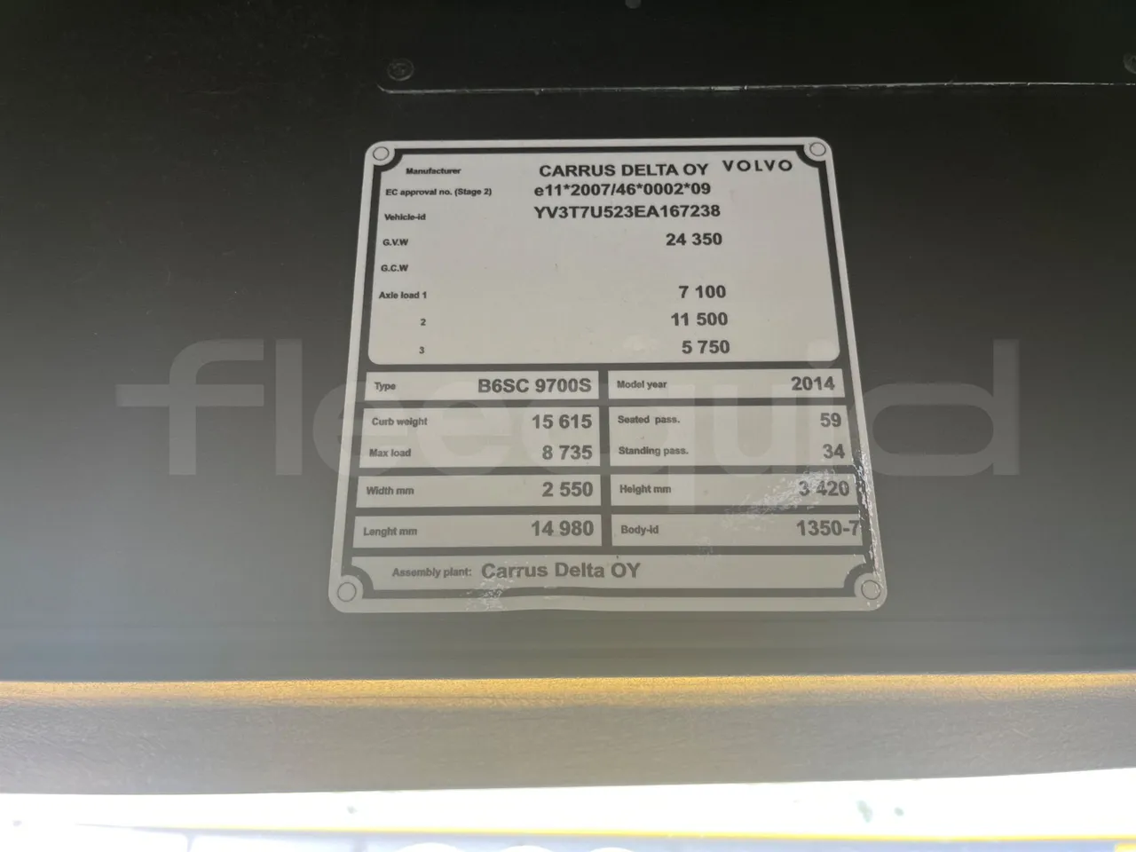 Volvo 9700-B8R B6SC 9700S - Euro 6 - 240 kW - 14.980 mt - vehicle plate photo