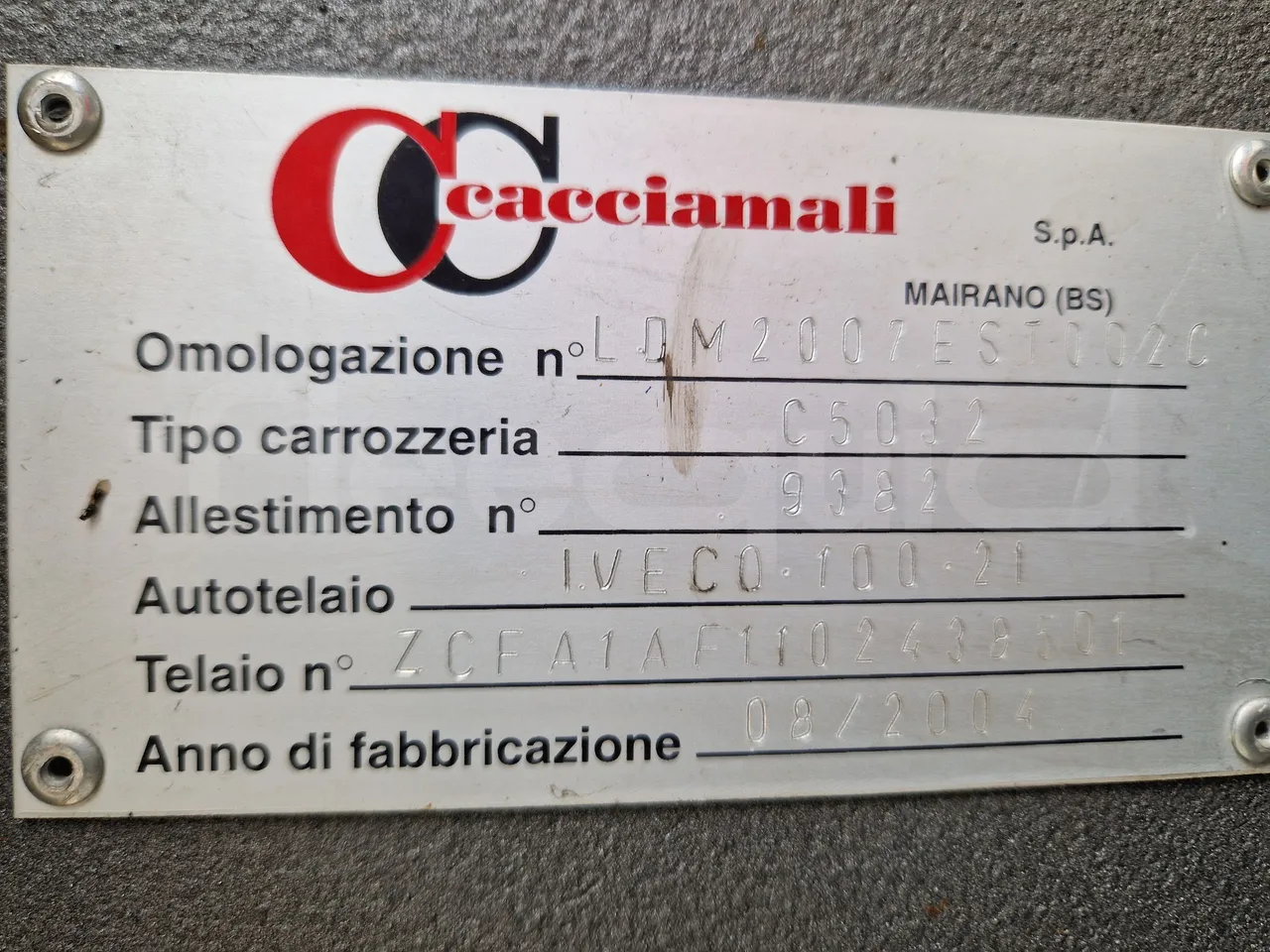 Iveco Cacciamali C5032 -EUR3 -154kW -9.3m - chassis VIN photo (mandatory  for bus to scrap)