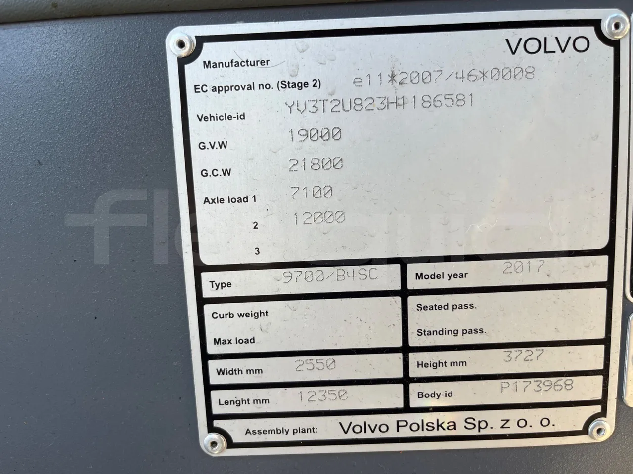 Volvo 9700 B4SC - EUR6 - 323kW - 12.35m - vehicle plate photo