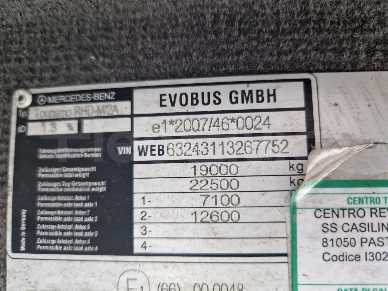 Mercedes-Benz Tourismo RHD 632 01 - EUR6 - 290kW - 12.96m - chassis VIN photo (mandatory for bus to scrap)