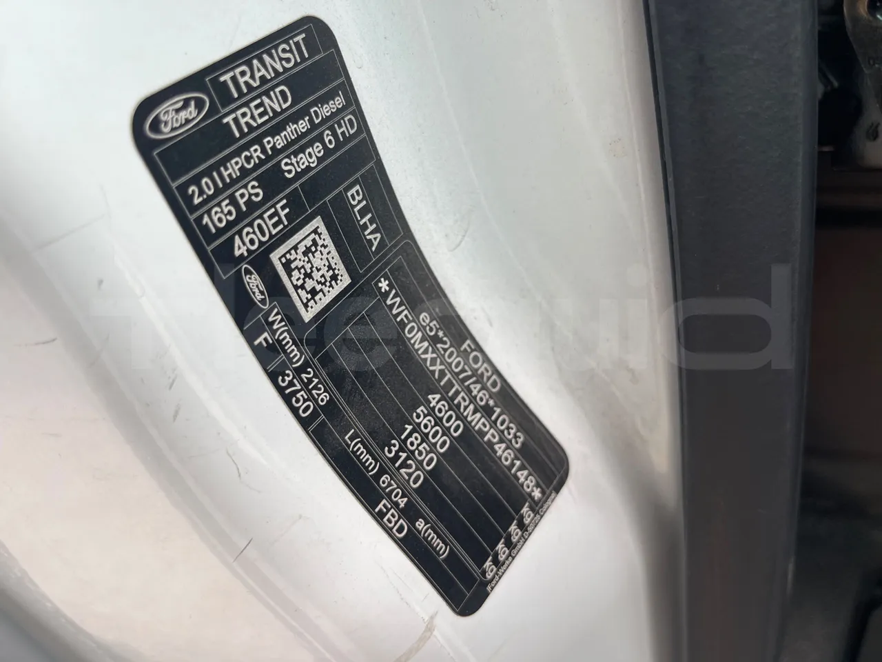 Ford Transit FBD - Euro 6 - 125 kW - 6.704 mt - engine plate photo