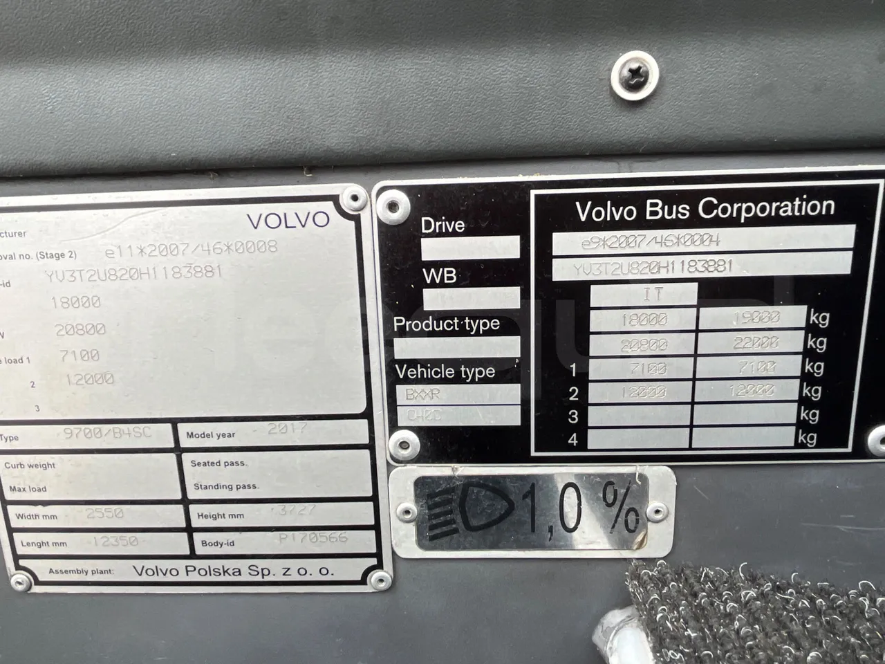 Volvo 9700 B4SC  - Euro6 - 323kW - 12.300mt - chassis VIN photo