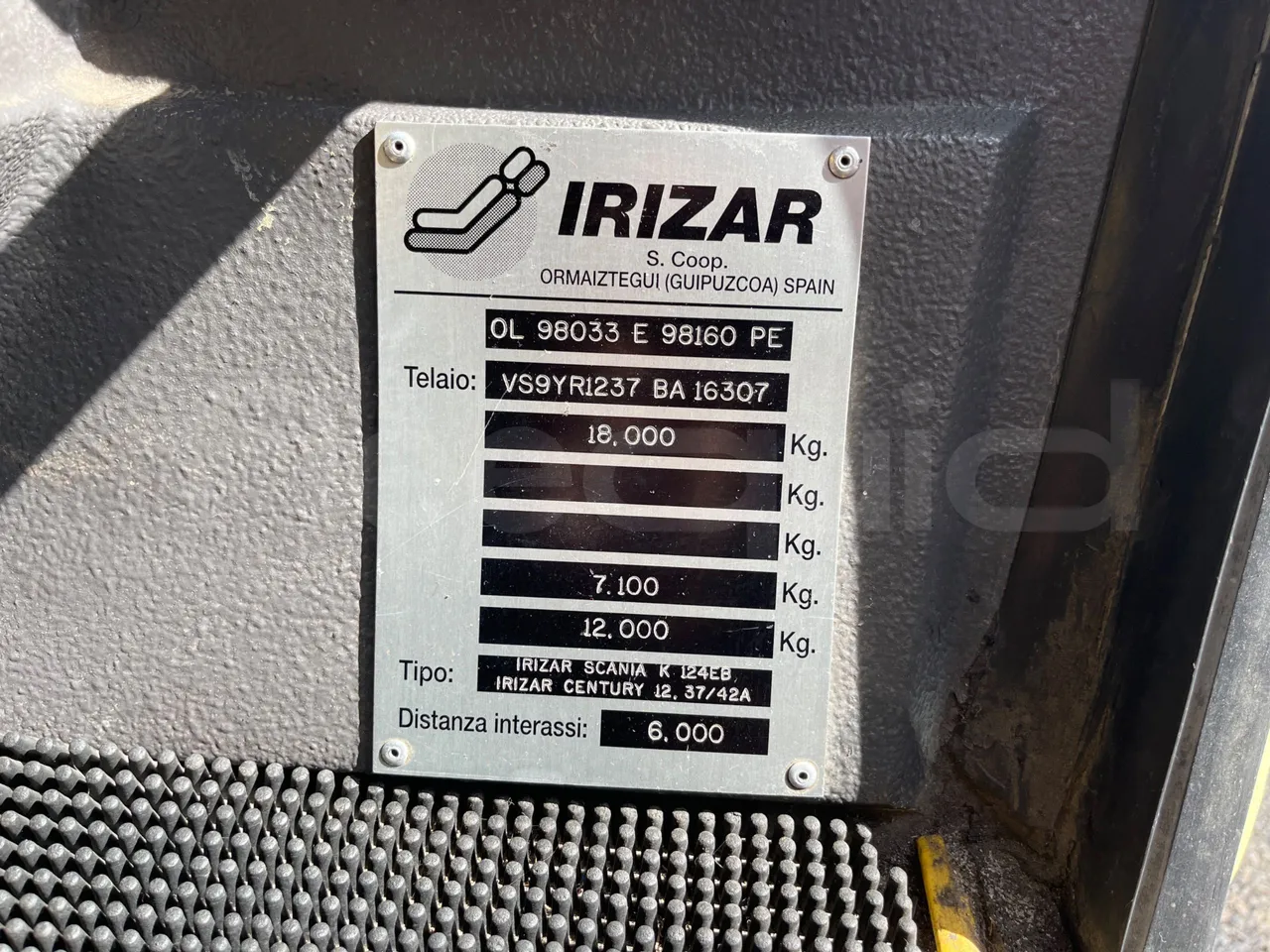 Irizar Scania Century K124EB 12.3 - EUR2 - 309kW - 12m - chassis VIN photo (mandatory for bus to scrap)