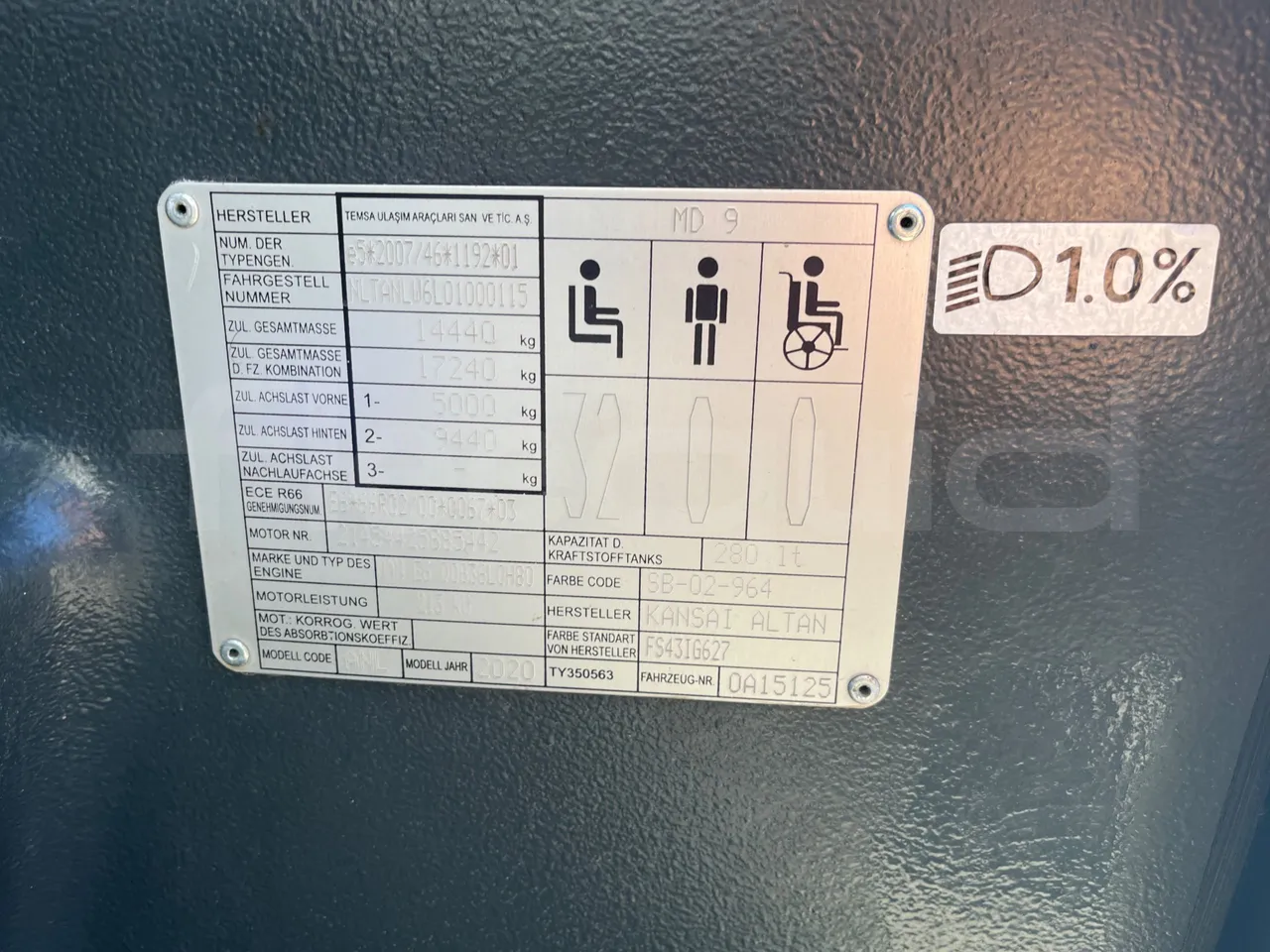 Temsa MD9 A/A3J/1L - Euro 6 - 213 kW - 9.480 mt - vehicle plate photo