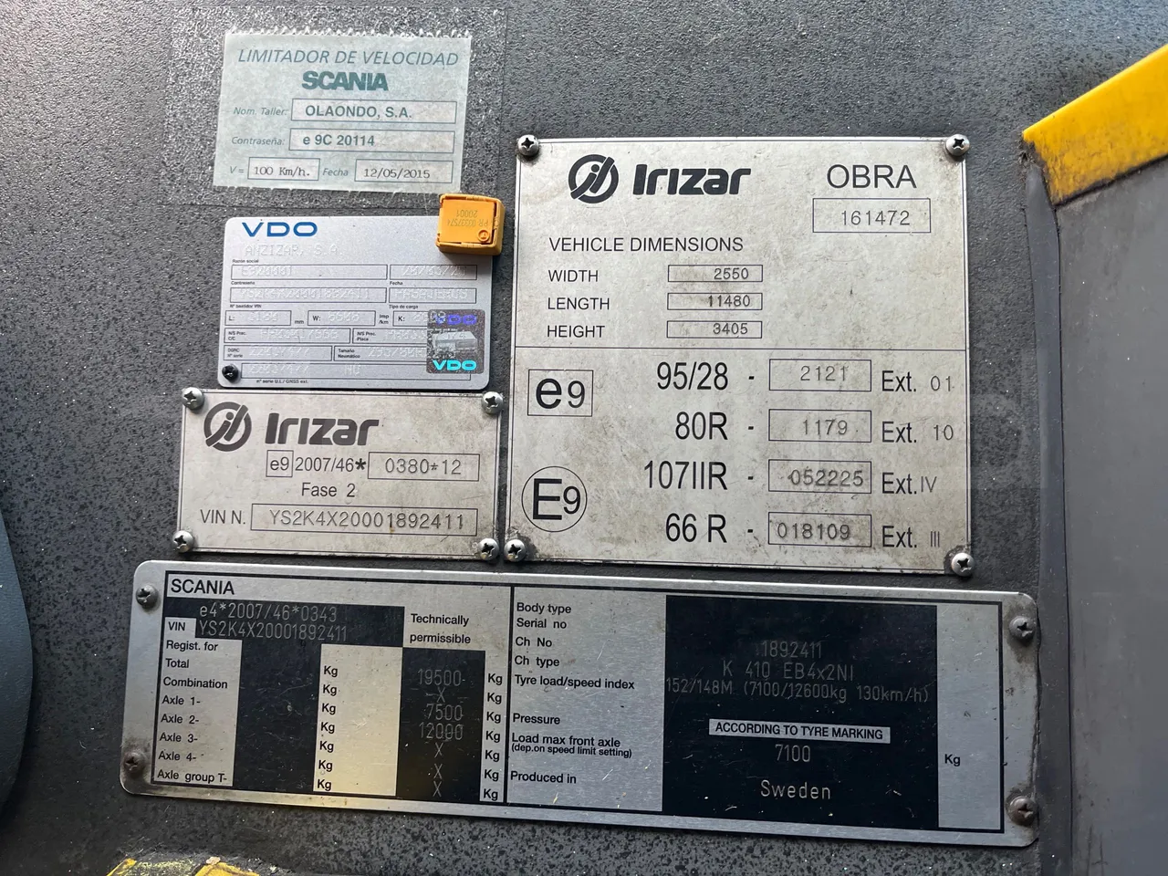 Scania Irizar i4H 11.48 - Euro6 - 302kW - 11.480mt - vehicle plate photo