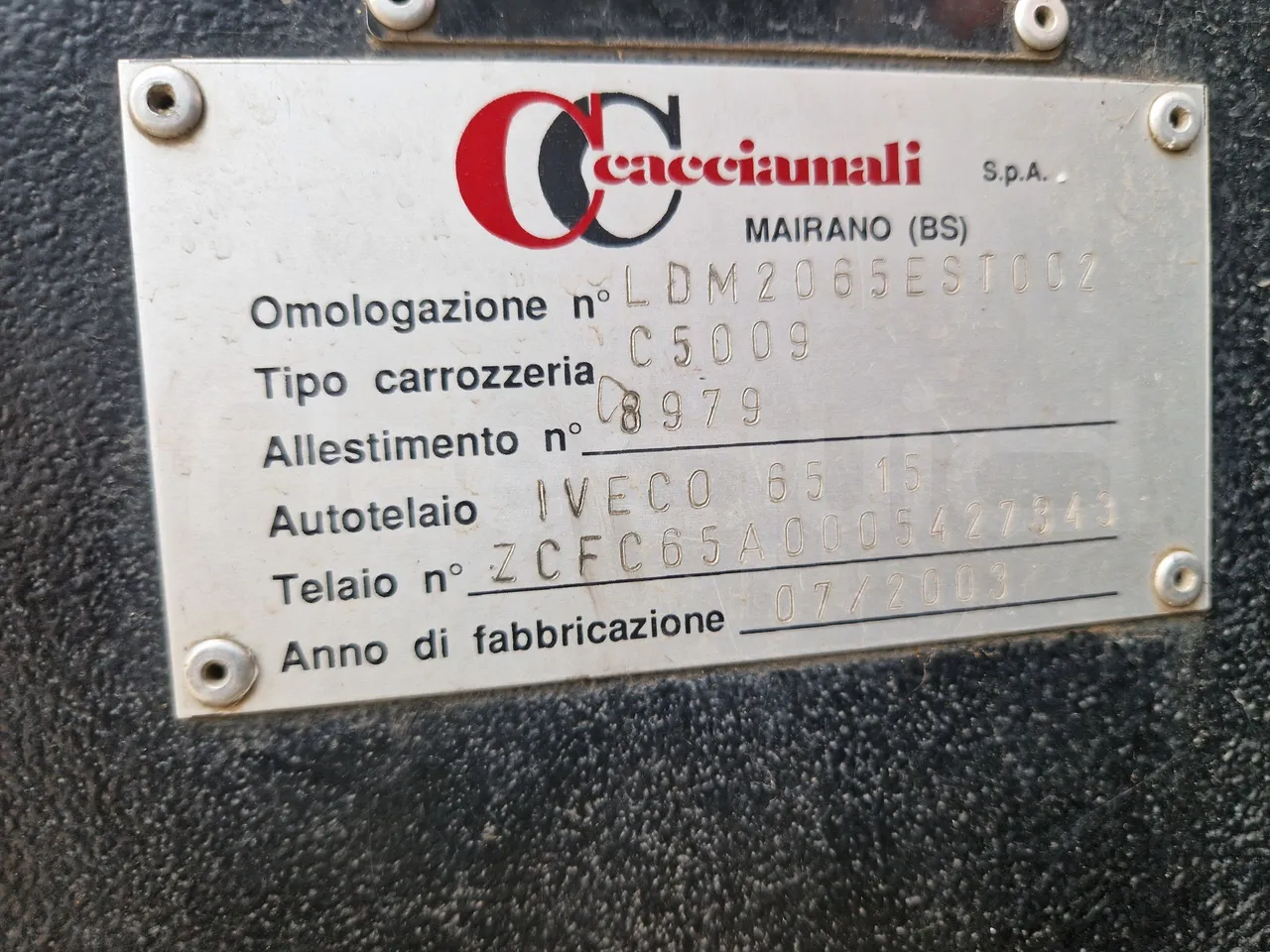 Iveco Cacciamali 65C15/70-EUR3 -107 Kw - 7,92 Mt - chassis VIN photo (mandatory  for bus to scrap)