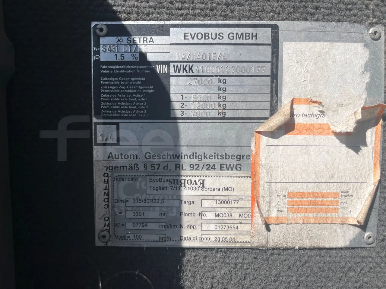 Setra S431 DT-E3/ Euro 3 - 370 Kw - 13.890 Mt - vehicle plate photo