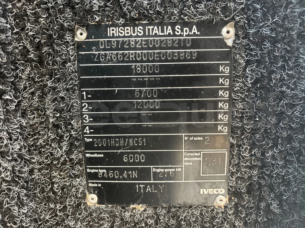 Iveco Irisbus Italia 391E.12.38 - Euro2 - 276Kw - 12MT - vehicle plate photo