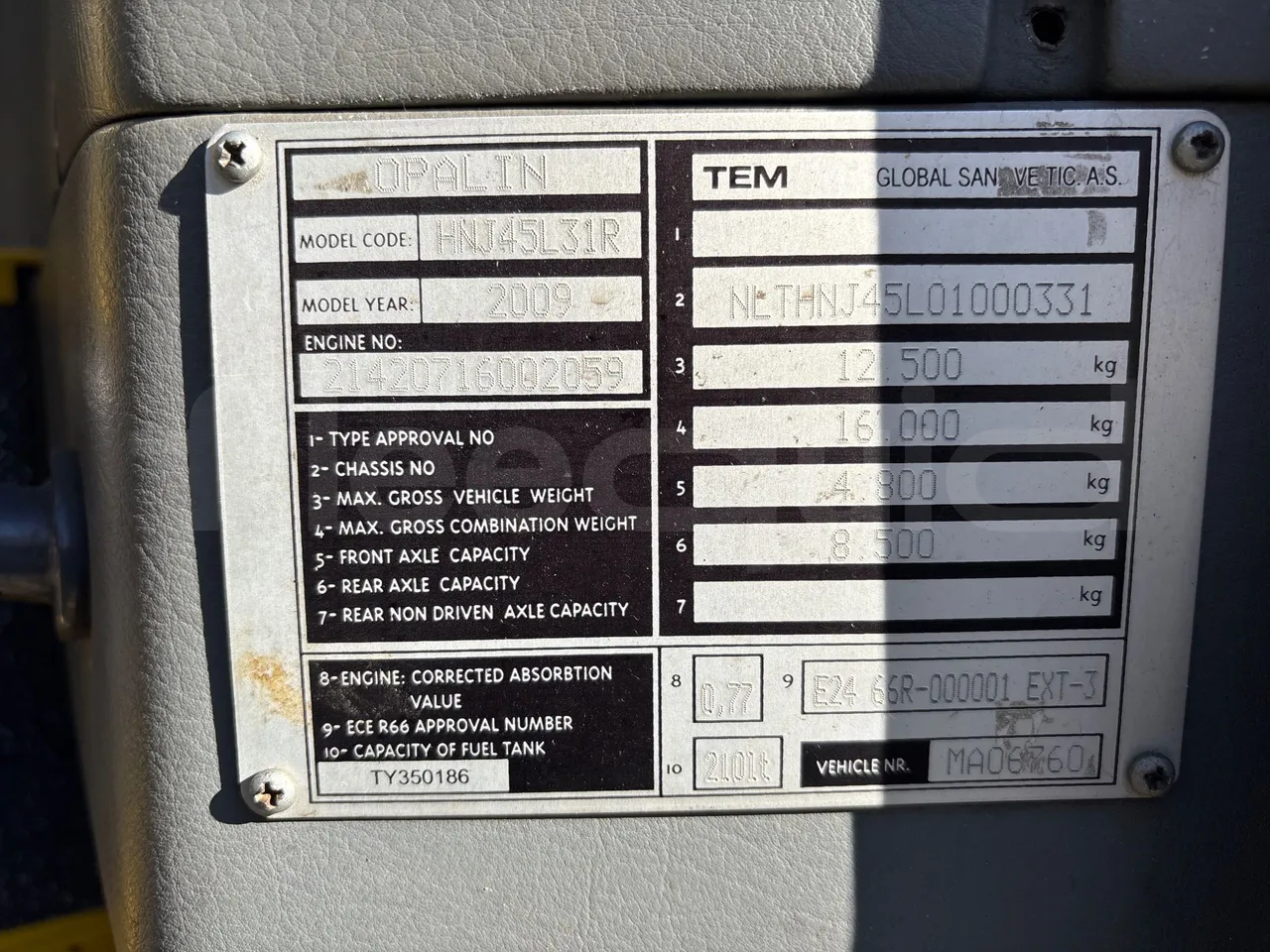 Temsa Opalin BGI9-EURO4-206kwH-8,4m - vehicle plate photo