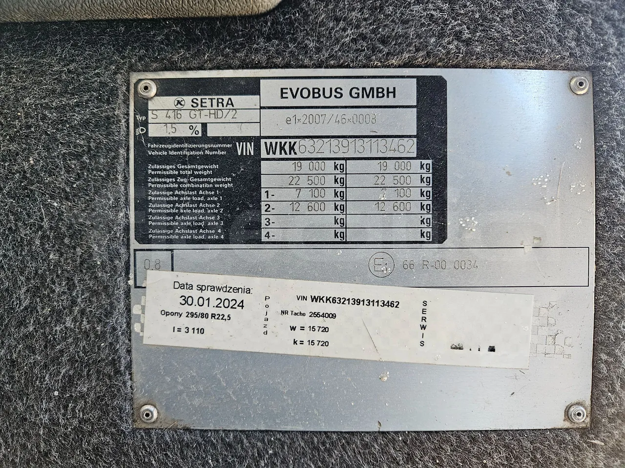 Setra S416 GT-HD/2 - EUR5 - 315kW - 13.020m - vehicle plate photo