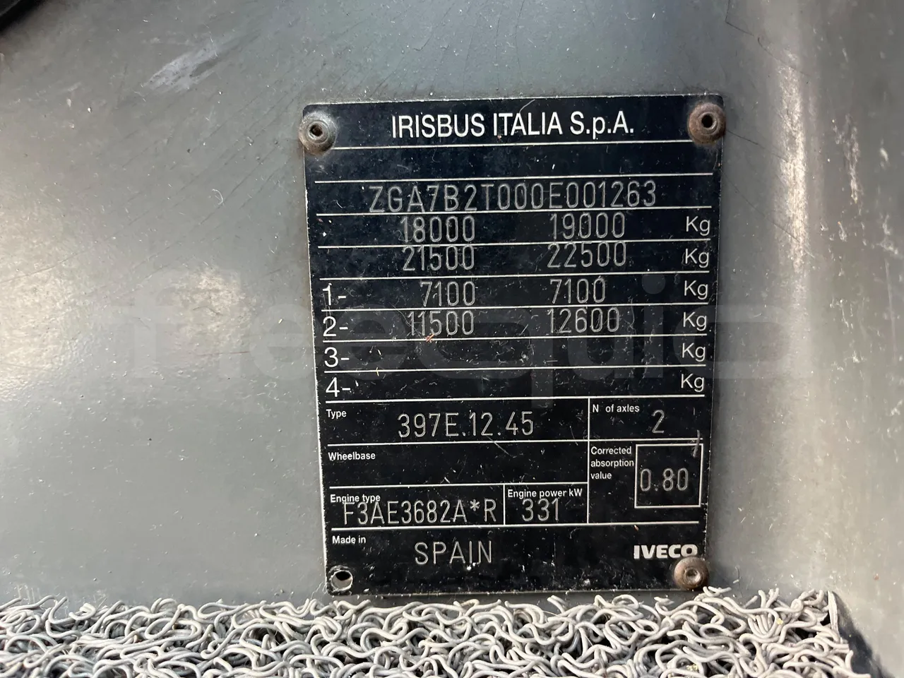 Iveco 397E 397E12.45 - Euro 4 - 331 kW - 12.920 mt - vehicle plate photo