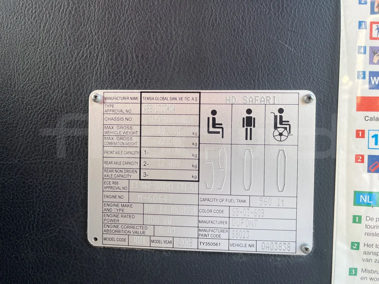 Temsa Safari HD 12 - EUR4 - 300kW - 12.200m - seat plate photo