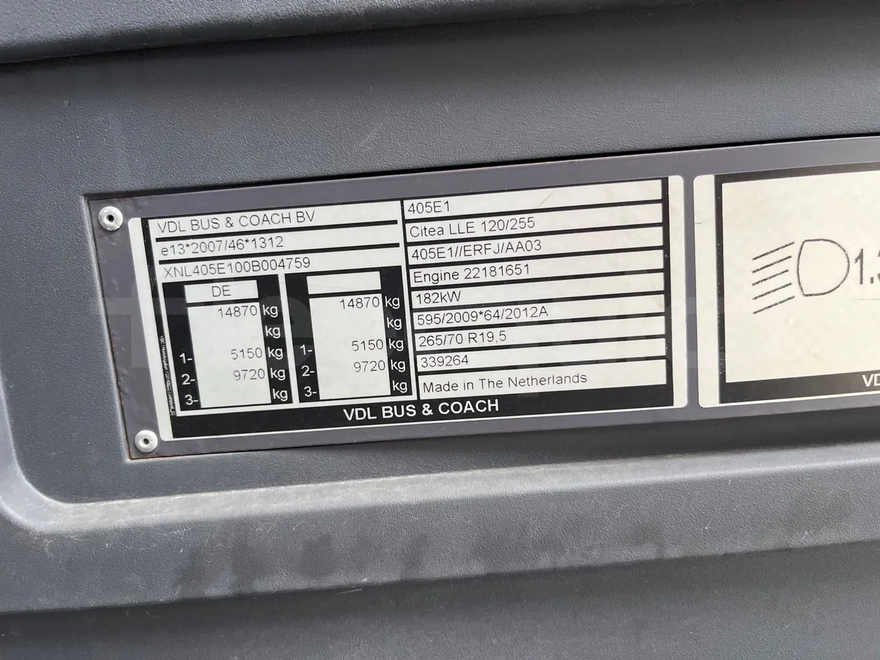 Vdl Citea LLE-120/255 405E1 - Euro6 - 182kW - 11.980mt - chassis VIN photo