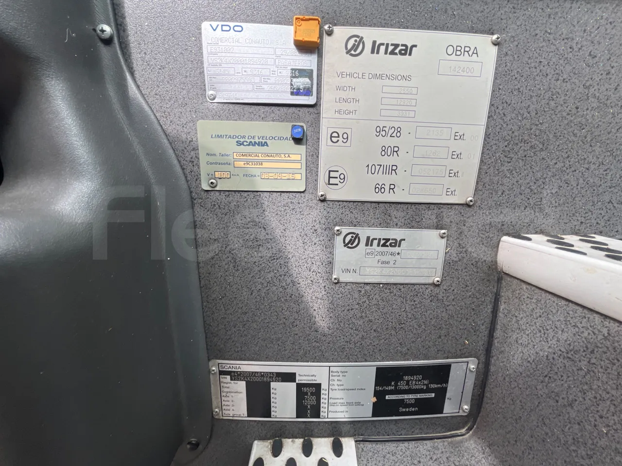 Scania Irizar 1613.37/ Euro 6  - 331 Kw - 12.92 Mt - vehicle plate photo