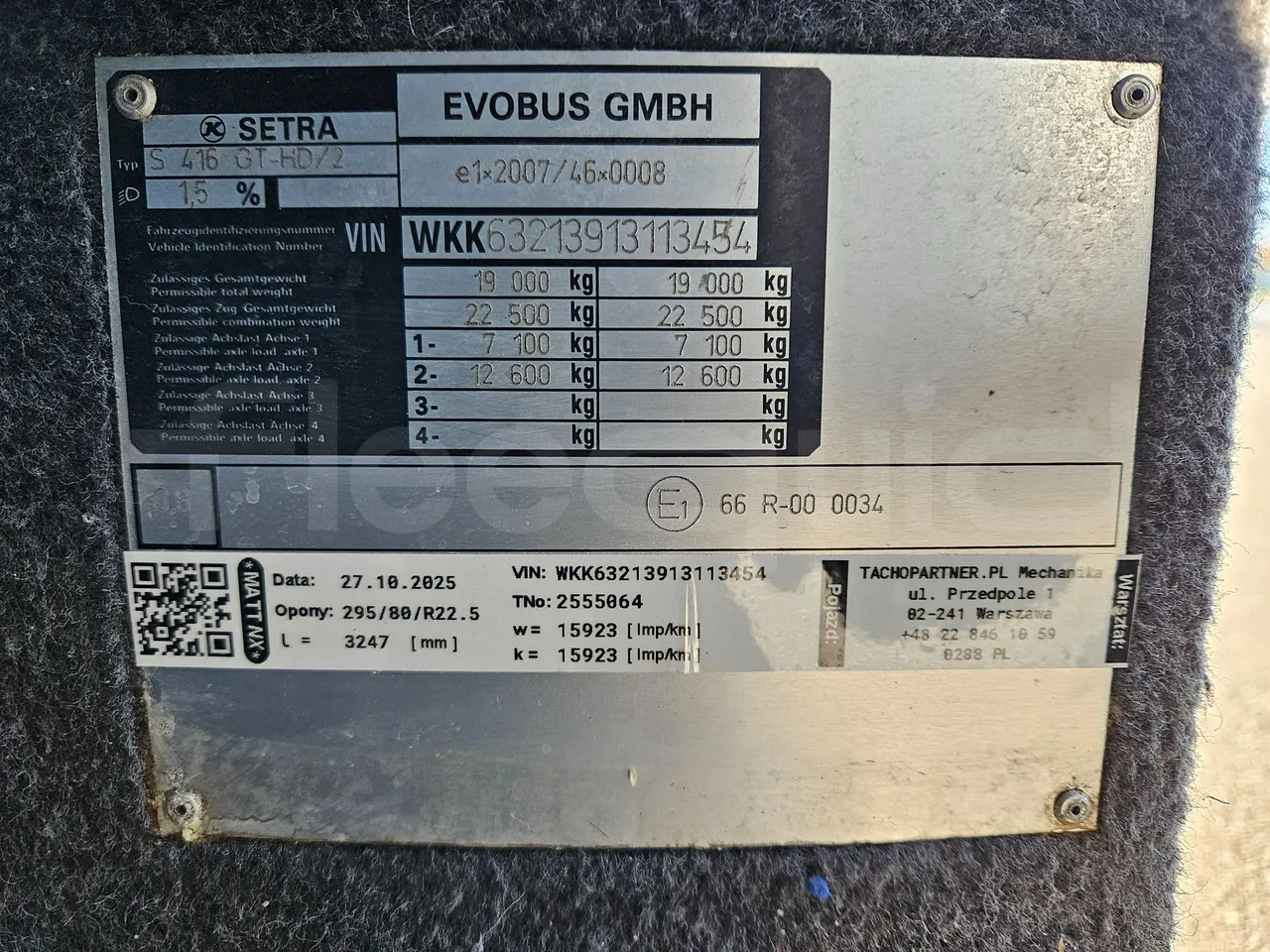 Setra S416 GT-HD/2 - EUR5 - 315kW - 13.020m - vehicle plate photo