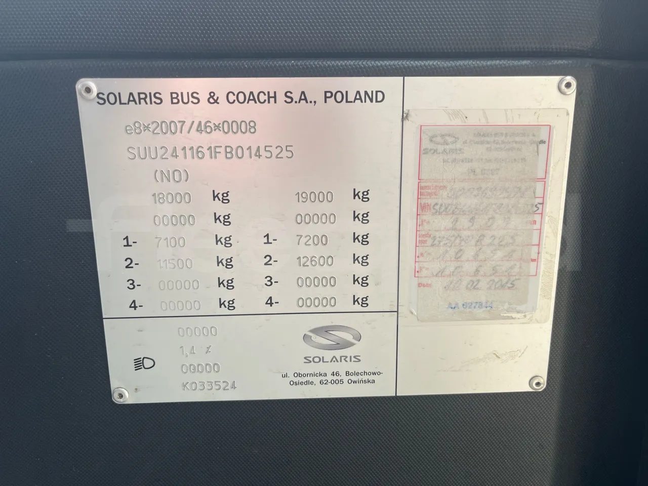 Solaris Urbino 12 - Euro6 - 240kW - 12mt - chassis VIN photo