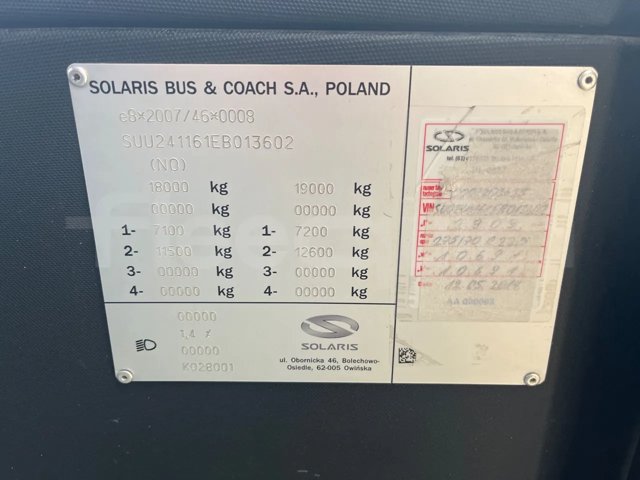 Solaris Urbino 12 - Euro6 - 240kW - 12mt - chassis VIN photo